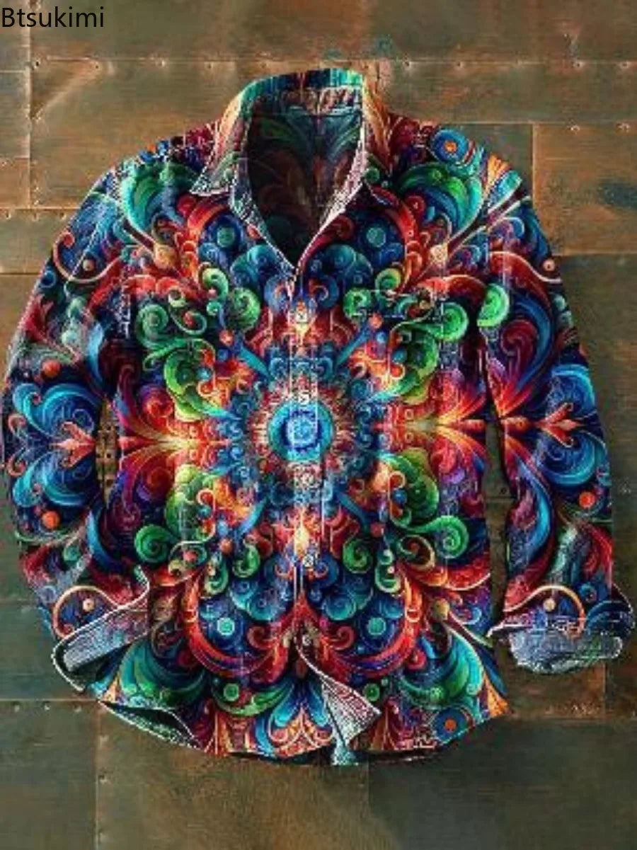 Fashion 3D Print Color Block Long Sleeve Shirts for Men Vintage Lapel Buttons Shirt Tops Spring Autumn Men Clothing Casual Shirt