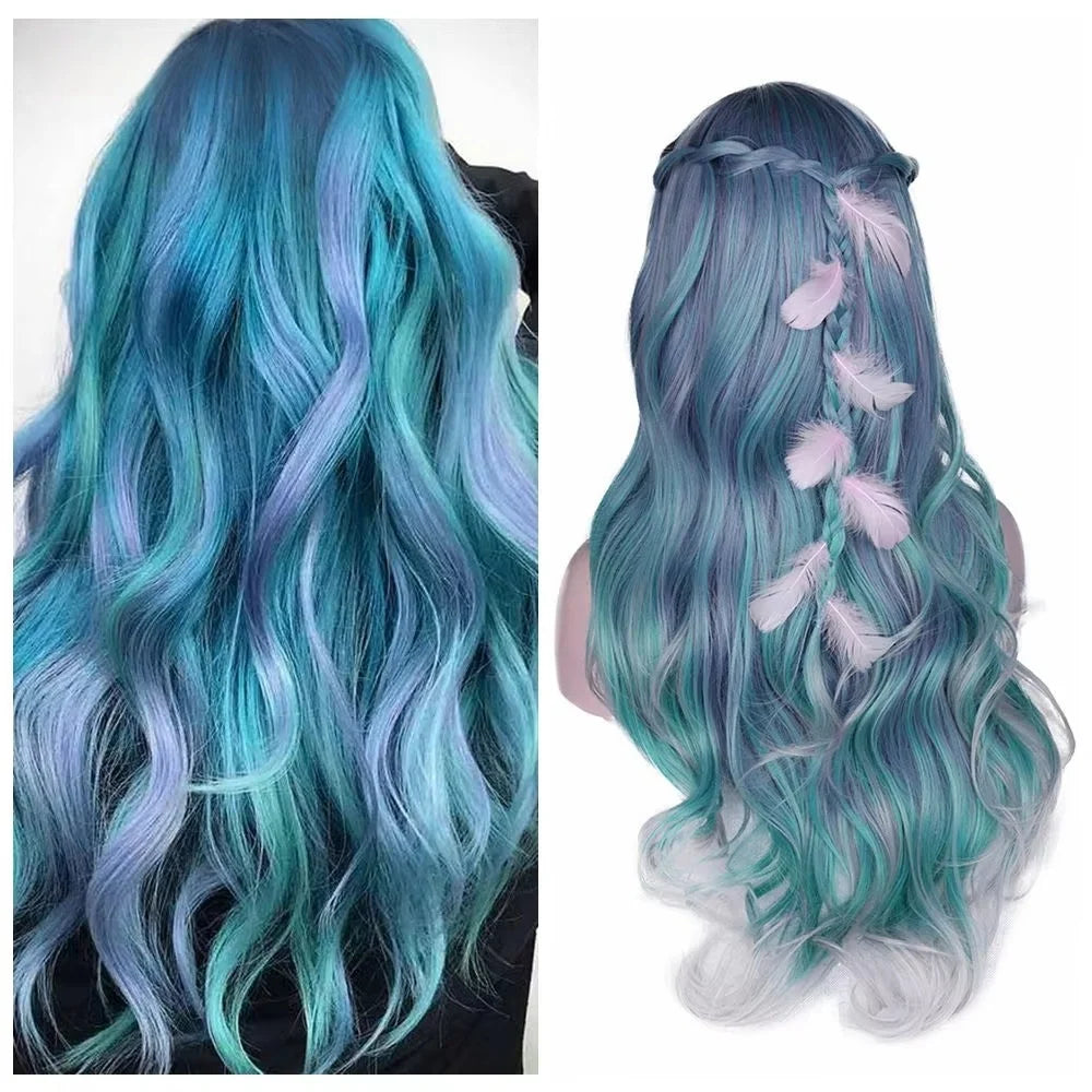 Wignee Long Wavy Synthetic Wigs Heat Resistant Middle Part Mix Blue Cosplay Hair For Women African American Natural Party Wigs