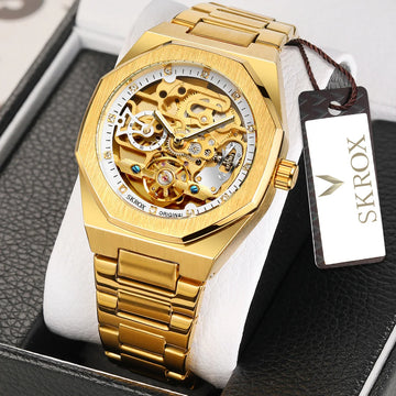 2024SKROX Luxury Gold Diamond Octagonal Automatic Clock Man Watch Elegant Stainless Steel Skeleton Mechanical Male Wrist Watches