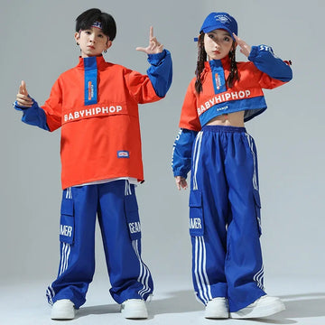 Kids Kpop Hip Hop Clothing Orange Crop Top Streetwear Cargo Jogger Blue Pants for Girls Boys Jazz Dance Costume Clothes