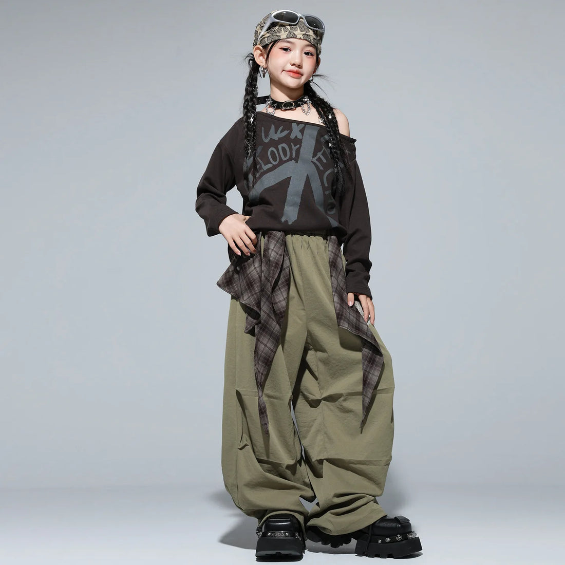 Kid Kpop Hip Hop Clothing Coffee Sloped Shoulder T Shirt Army Green Casual Parachute Pants for Girl Street Dance Costume Clothes