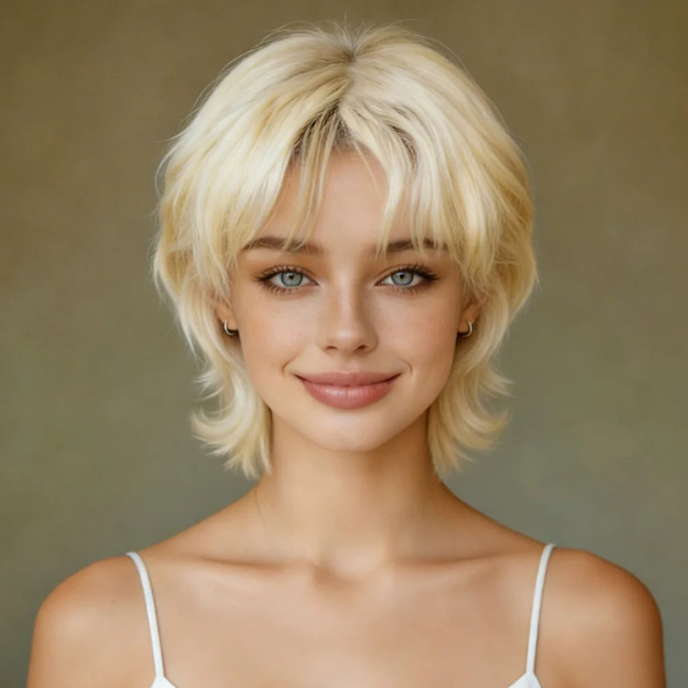 Women'S 100% Virgin Real Hair 613 Blonde Mullet Wig Short Straigh Layered Pixie Cut Human Hair Wig With Bangs Machine Made
