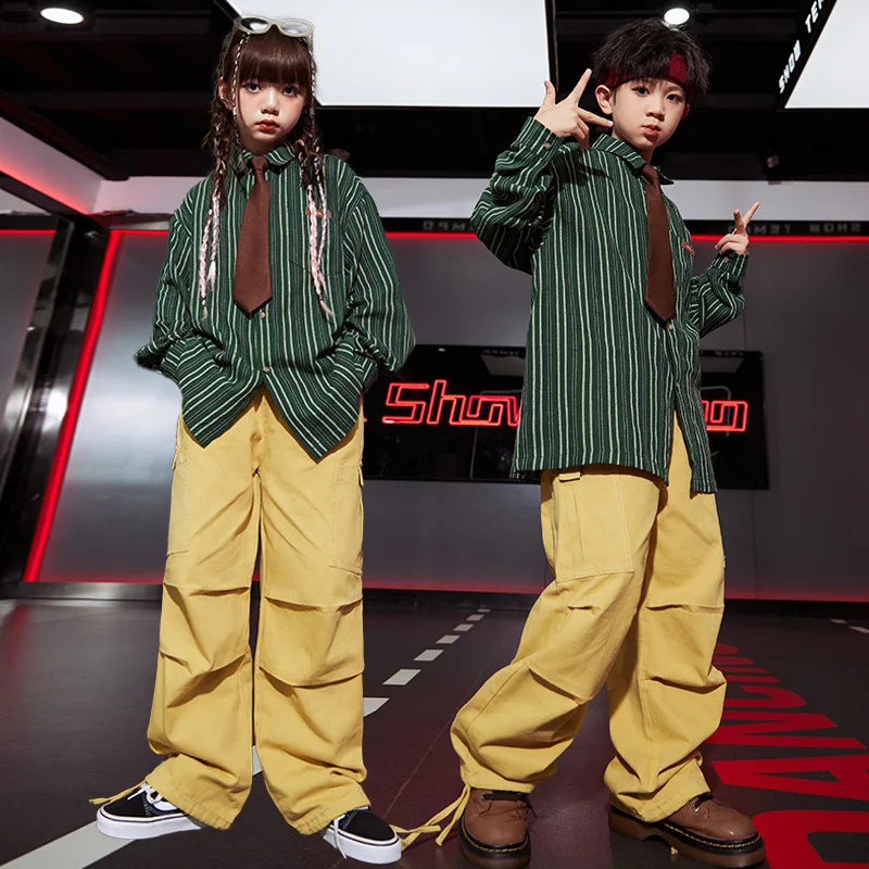 Kid Kpop Hip Hop Clothing Green Striped Shirt Top Khaki Casual Ruched Wide Cargo Pants for Girl Boy Jazz Dance Costumes Clothes