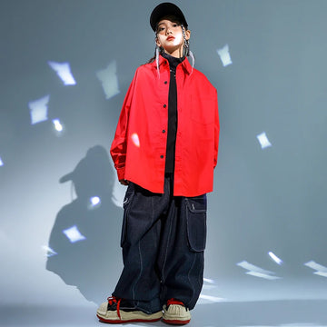 Kids Hip Hop Clothing Red Jacket Coat Casual Street Strap Cargo Pants for Girl Boy Jazz Dance Costume Teenage Kpop Clothes