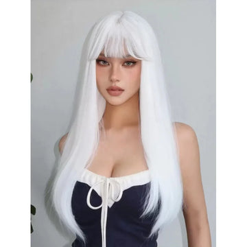 26 Inch Women'S Long Straight White Synthetic Wig With Bangs, Suitable For Party, Cosplay, Heat Resistant