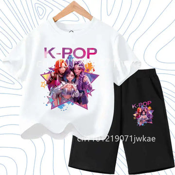 2026 Summer New K- POP Korean Idol Style Boys Girls Outfits Two-Piece Set with  Printed Short-Sleeve T-Shirt Shorts