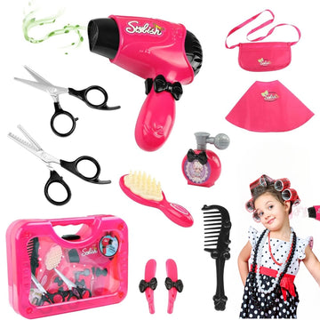 Girls Beauty Salon Set, Pretend Play Stylist Hair Cutting Kit Hairdresser Toys with Hair Dryer Scissors Barber Apron and Styling