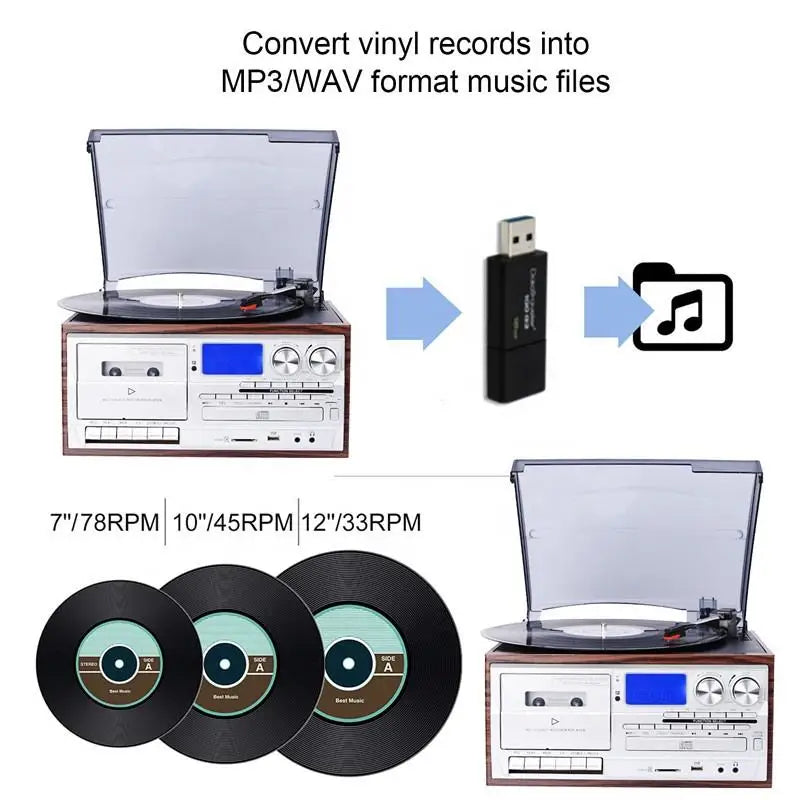 Vintage Style Turntable, 3-Way Music Player (BT/CD/Tape) - Compact Retro Sound System for Home