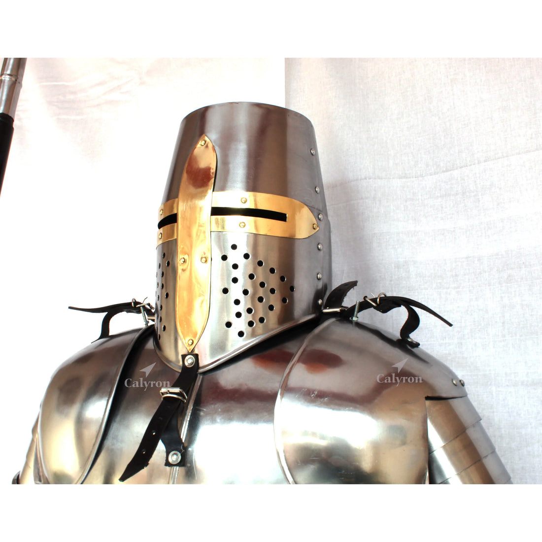 Metal Steel Medieval Old Age Ancient Crusader Armour Suit with Sword and Shield with Wooden Base and Steel Frame