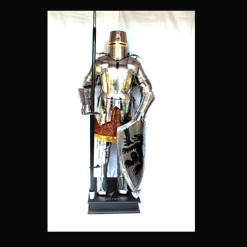 Metal Steel Medieval Old Age Ancient Crusader Armour Suit with Sword and Shield with Wooden Base and Steel Frame