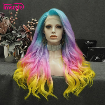 Imstyle Colorful Synthetic Lace Front Wig Blue Pink Purple Yellow Wigs For Women Natural Wavy High Temperature Fiber Ombre Wig