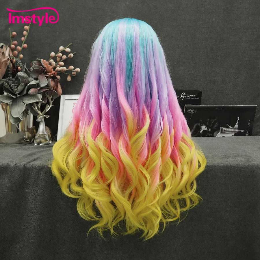 Imstyle Colorful Synthetic Lace Front Wig Blue Pink Purple Yellow Wigs For Women Natural Wavy High Temperature Fiber Ombre Wig