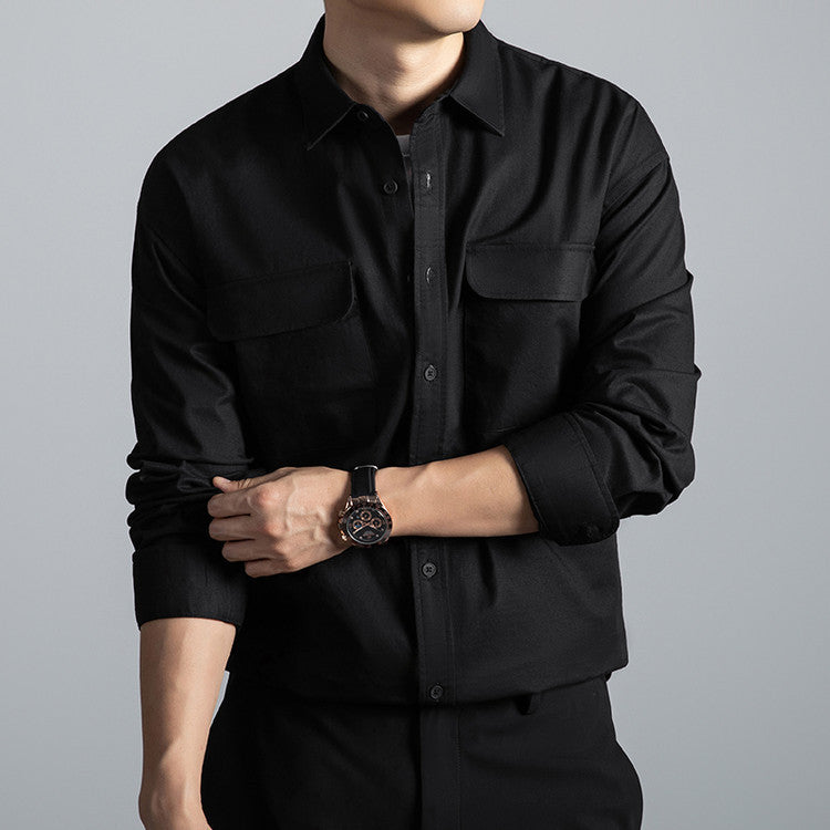 Mens Long-sleeve American-style Vintage Loose-fit Casual Work Shirt